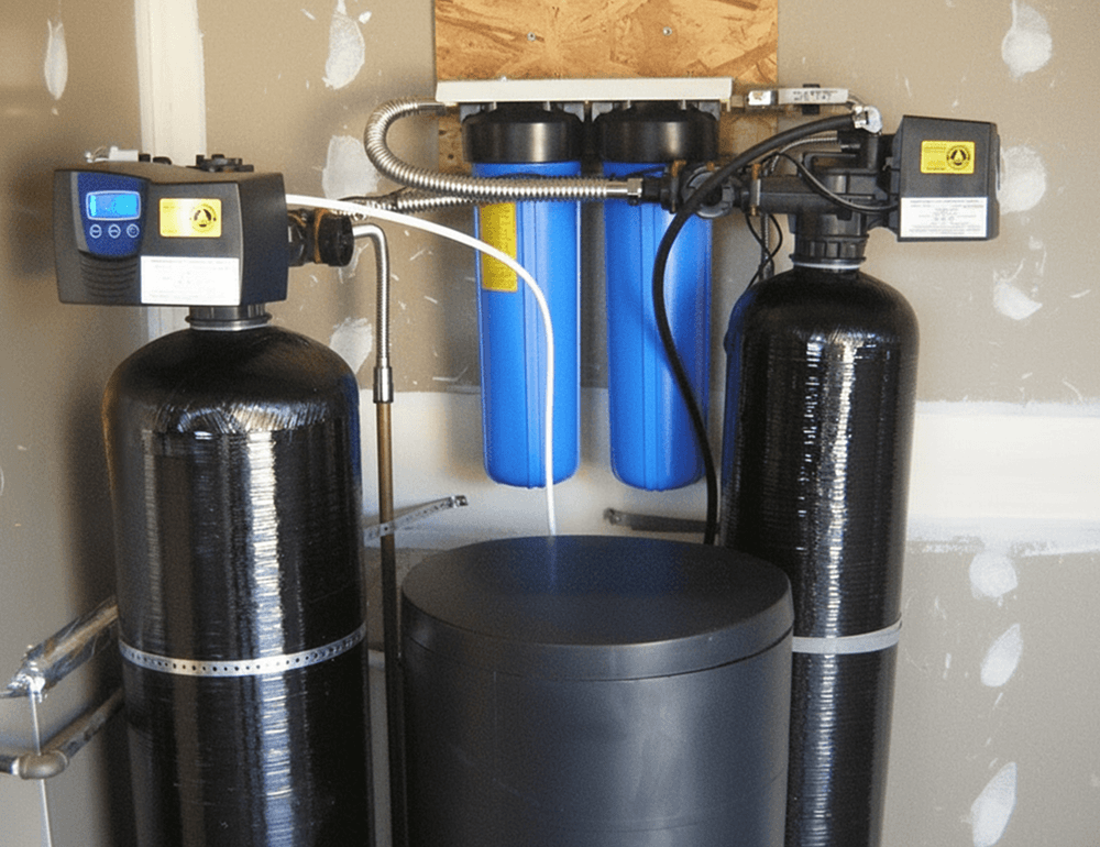 Whole-home water filtration and softener tanks serviced in a garage